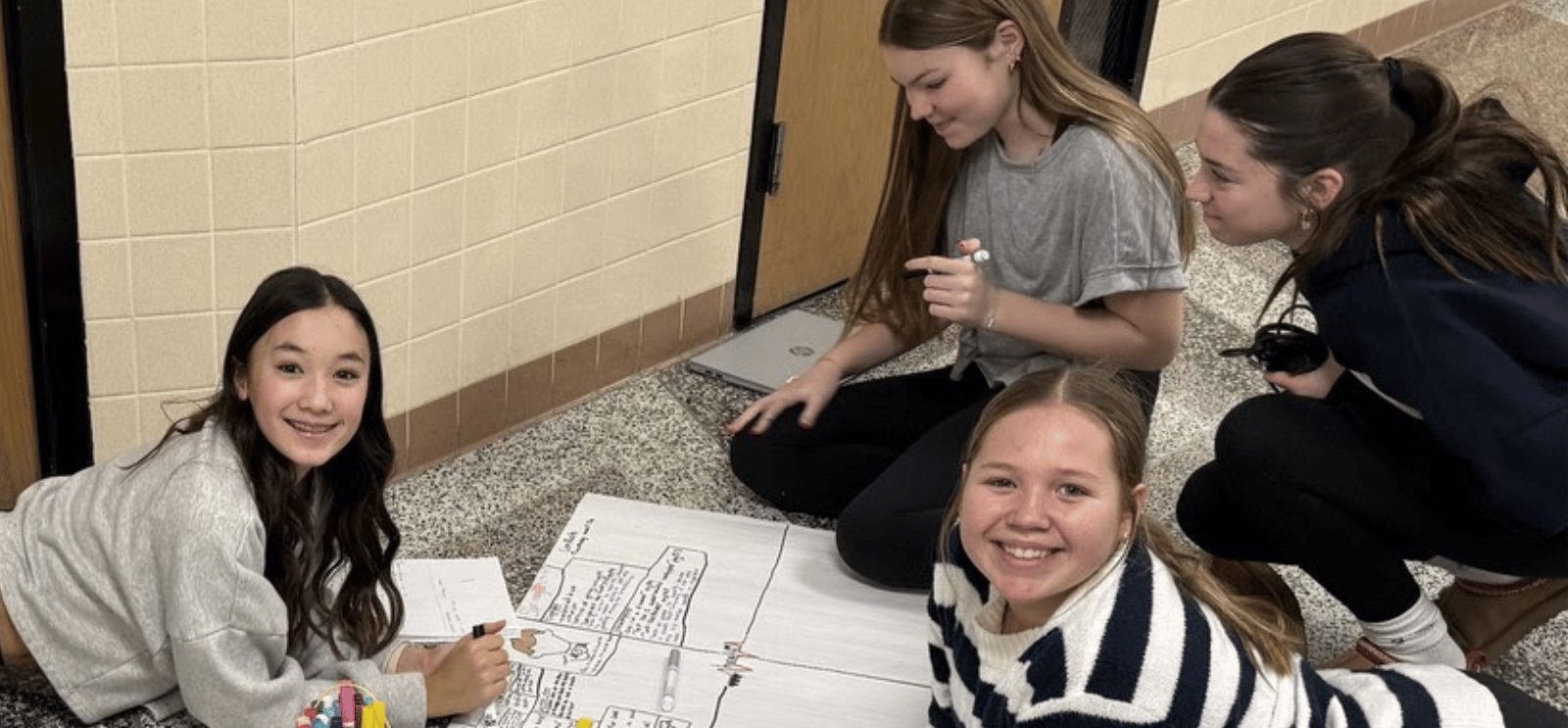 Students working in the hallway on project