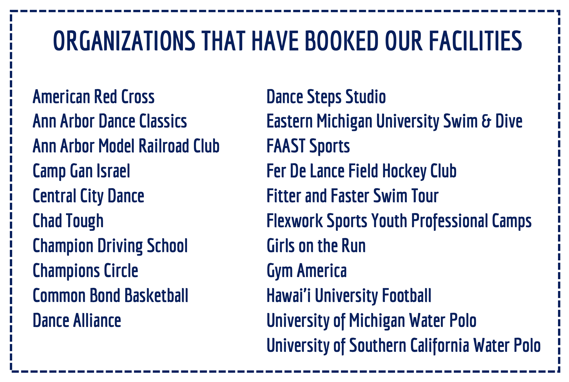 Organizations that booked our facilities.