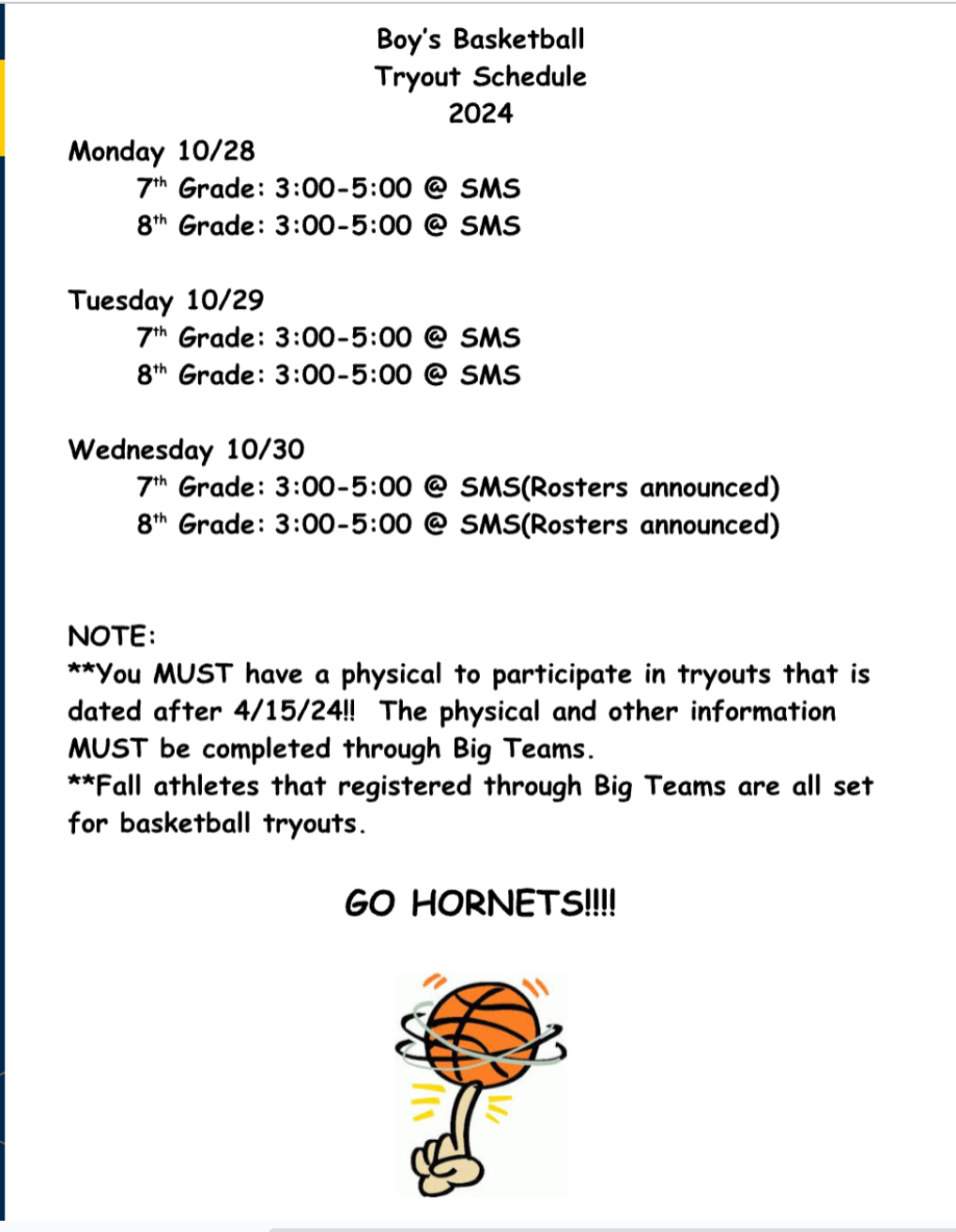 Boy's Basketball Tryout Schedule 2024