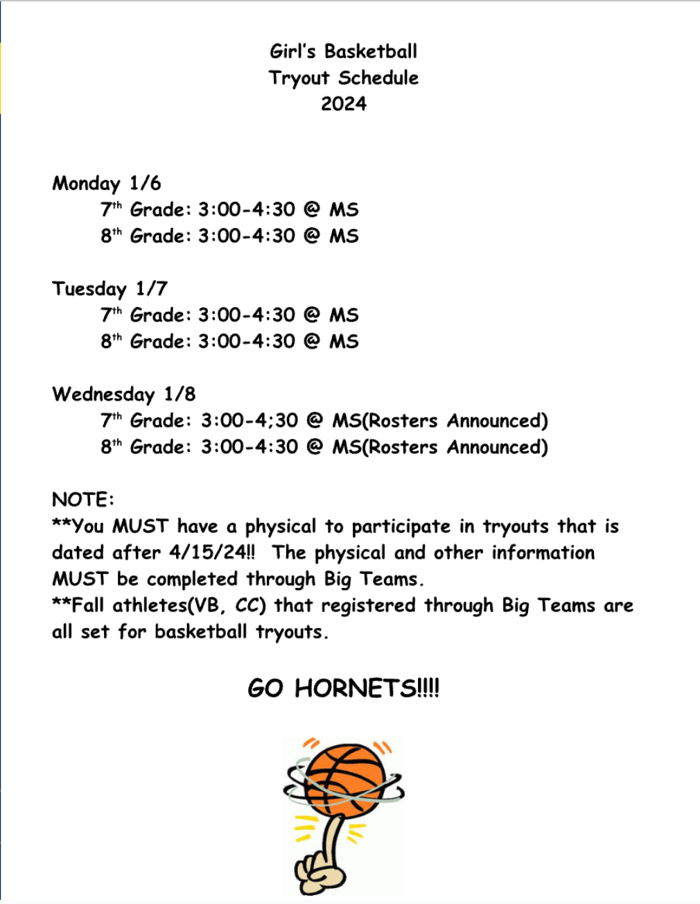 Girl's Basketball Tryout Schedule 2024