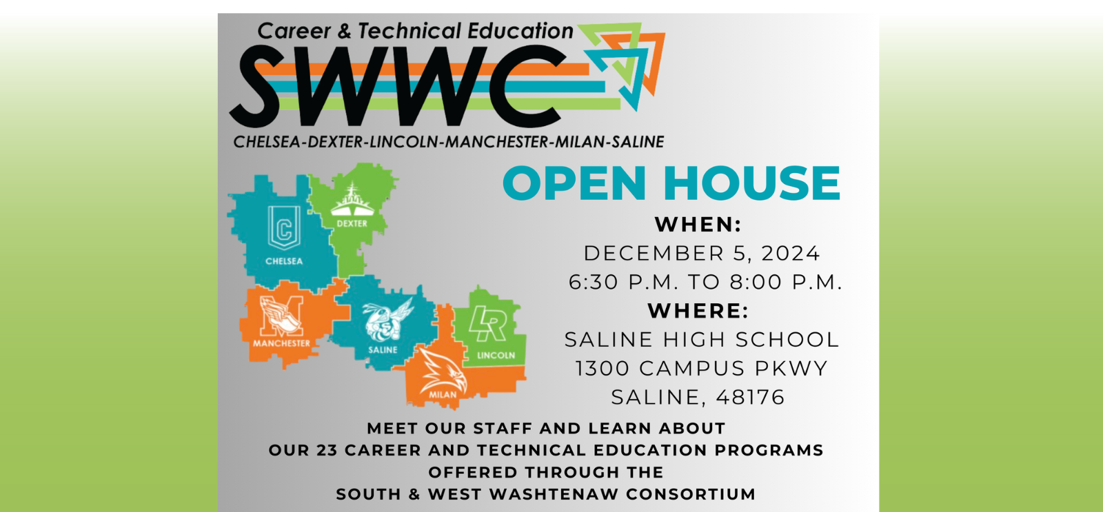 SWWC Open House Decembr 5, 2024. 6:30 to 8:00 p.m. Saline High School. 1300 Campus Parkway, Saline, MI 48176