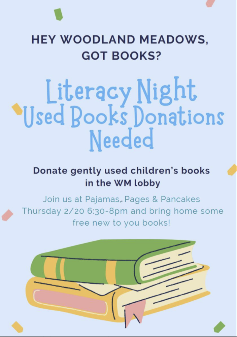 Donate gently used books for Pajamas, Pages & Pancakes in the WM lobby